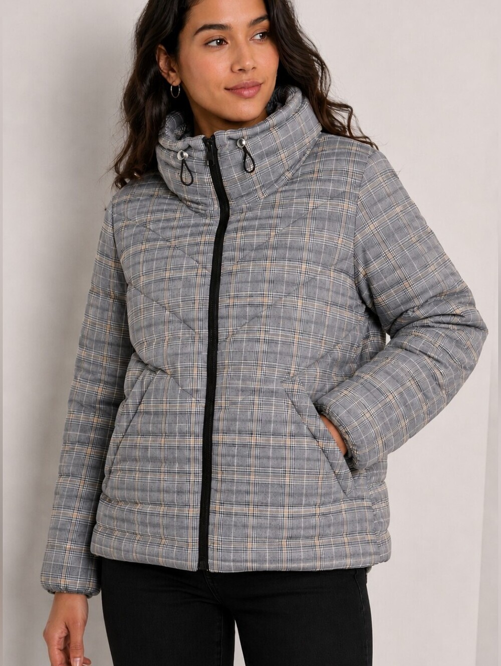 Tom Tailor Denim Womens L Gray Plaid Puffer Jacket Quilted Zip Winter Coat